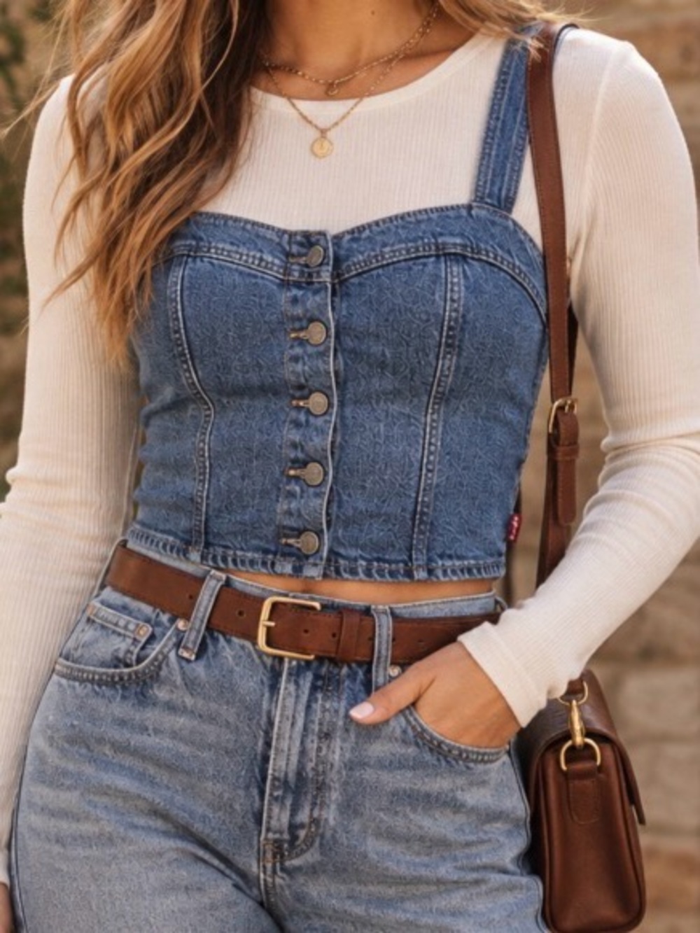 Levi's Blue Denim Button-Front Corset Crop Top Medium  bustier top